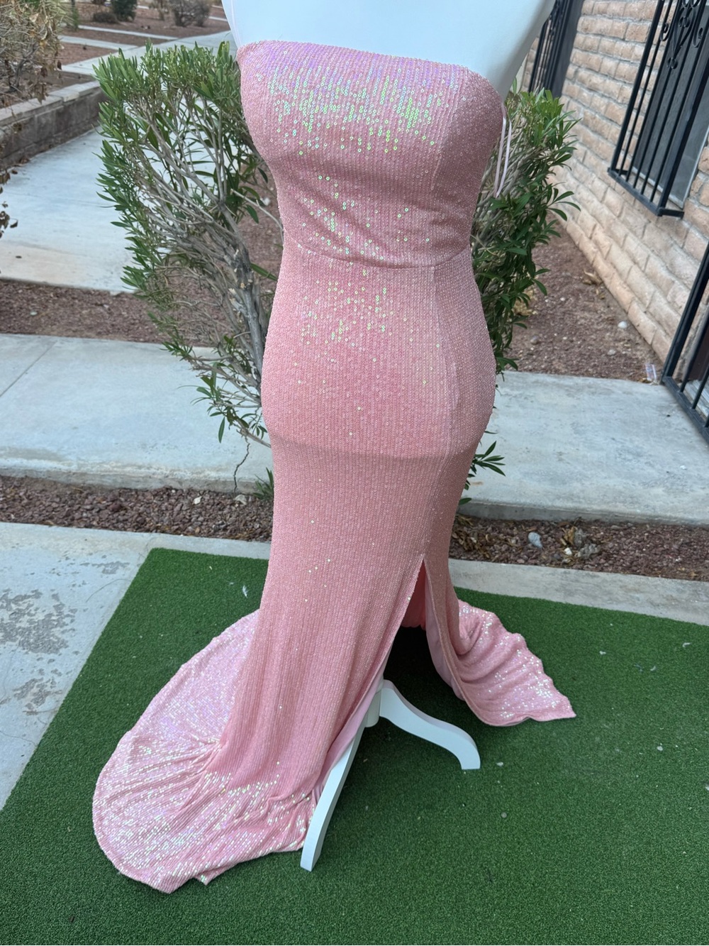 Strapless Pink Sequin Evening Gown by